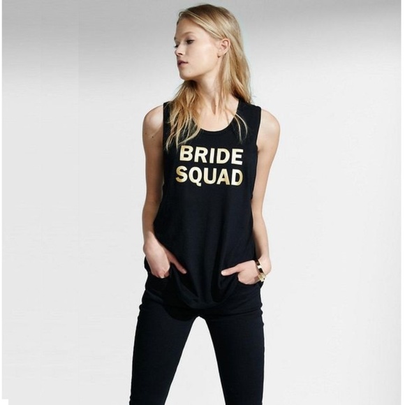 Express Tops - Express Metallic Gold Bride Squad Graphic Tank
